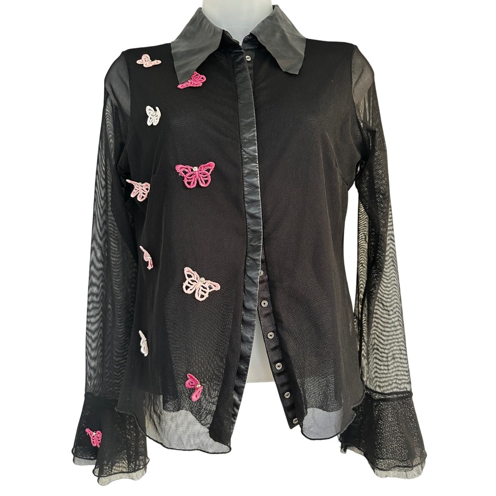 Bella Pelle Y2K Mesh Butterfly Top Leather Trim Sheer Snap Whimsigoth Medium